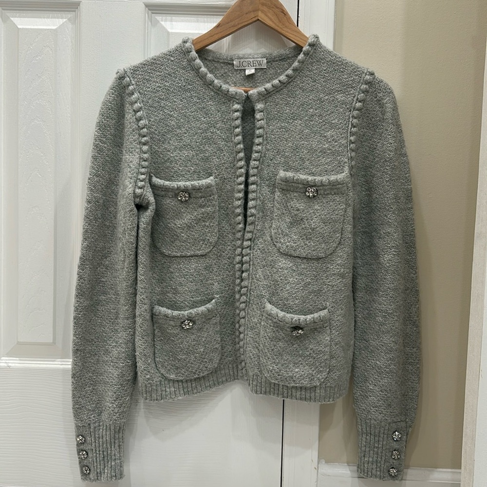 J. CREW Odette Preppy Wool Alpaca Blend Grey Pockets Front Cardigan Sweater